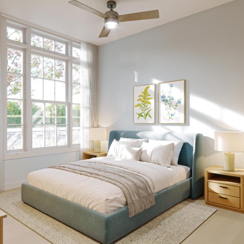 Bedroom with natural lighting and high ceilings